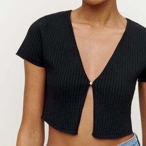 Reformation Anny Cotton Short Sleeve Cardigan Black Pearl Button Small Coquette